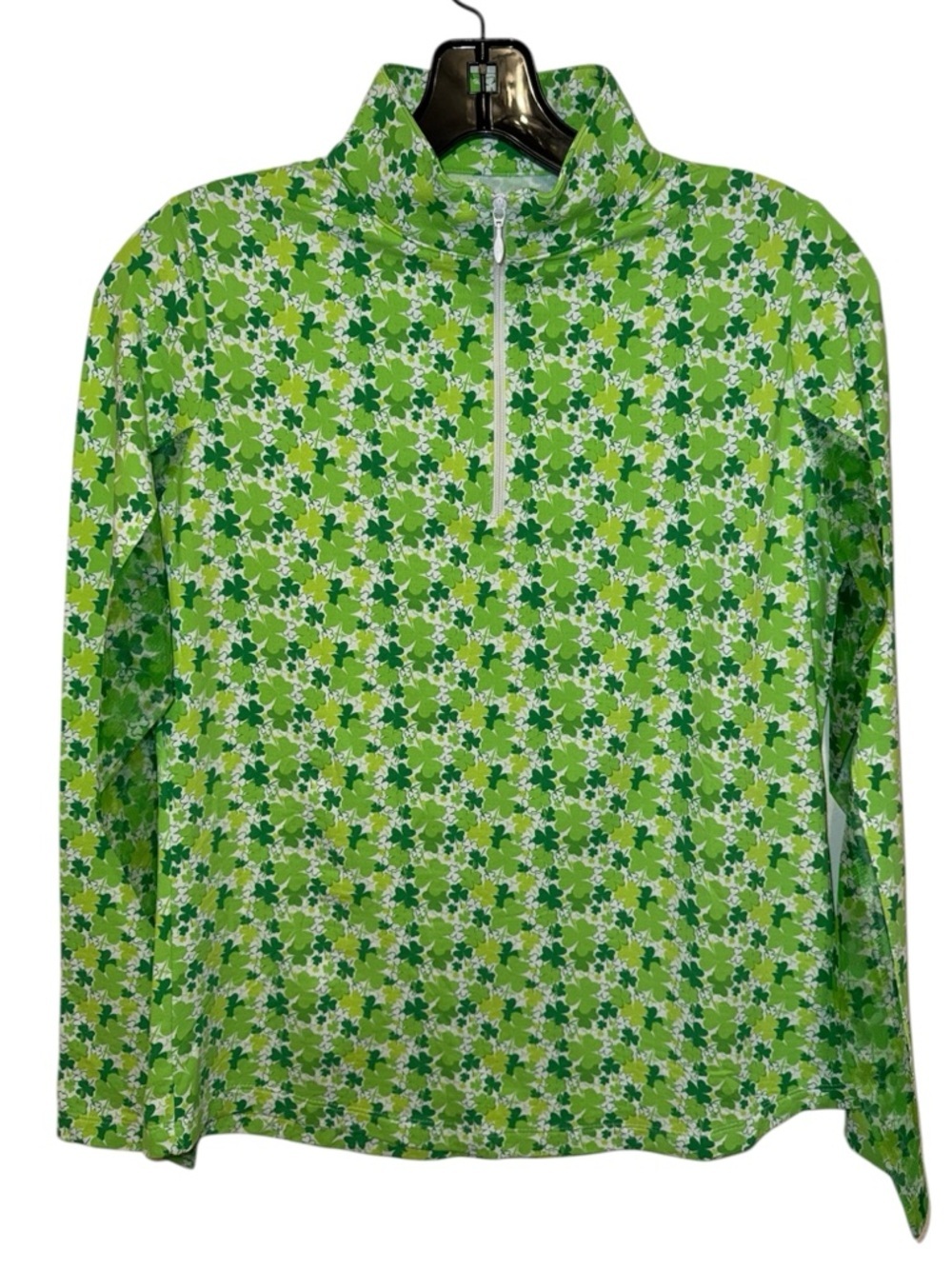 NWT IBKUL Green Clover Print Half-Zip Mock Neck Long Sleeve Pullover S